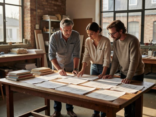 Three workshop editors standing around a sunlit wooden table covered with layout sketches and reference books