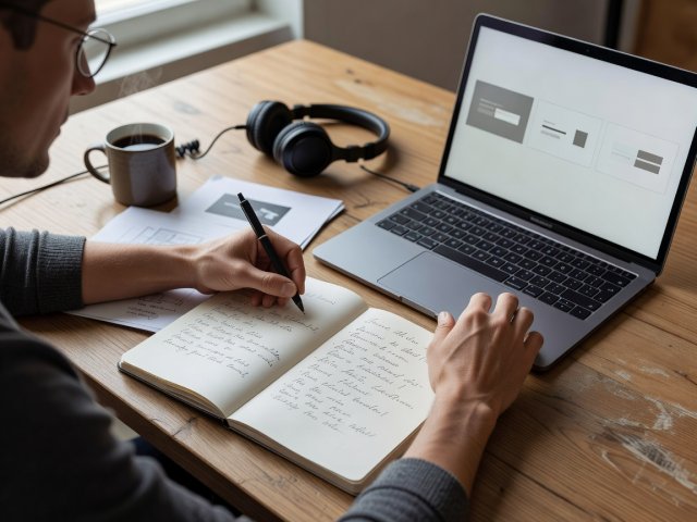 Designer writing sequence feedback notes in a notebook beside a laptop showing a three-slide gallery