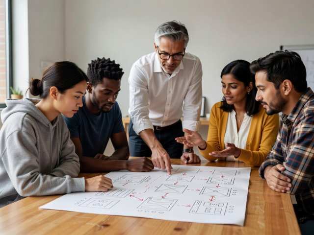 Two front-end beginners and a senior designer reviewing annotated carousel wireframes on paper