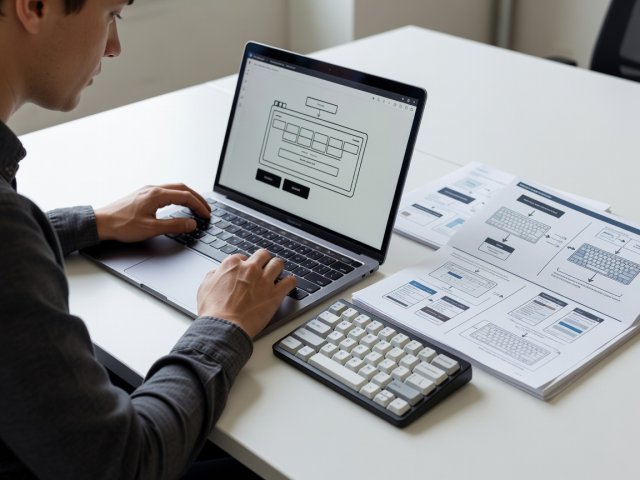 Designer testing keyboard tab navigation on a laptop while reviewing printed accessibility notes