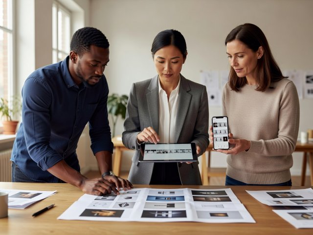 Three collaborators comparing a sequence layout across a tablet, smartphone, and printed proof sheet
