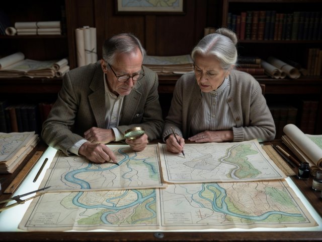 Two cartographic archivists leaning over a light table comparing hand-drawn river surveys