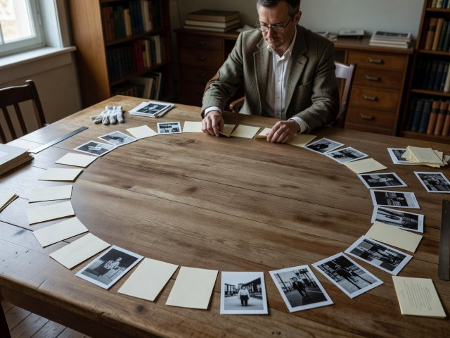 Curator arranging numbered paper index cards and photographic prints in a four-step arc on a worktable
